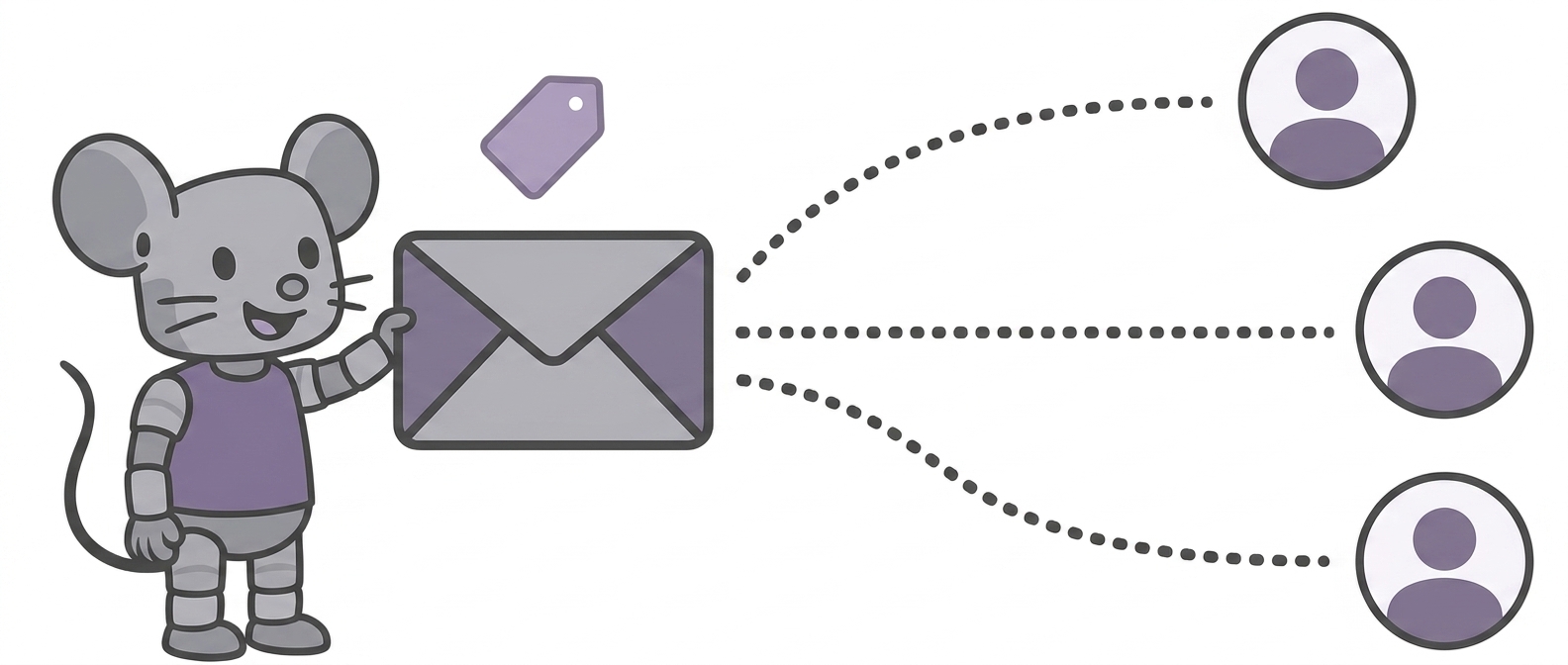 Illustration of a group email in Gmail: one labeled envelope fanning out to three recipients
