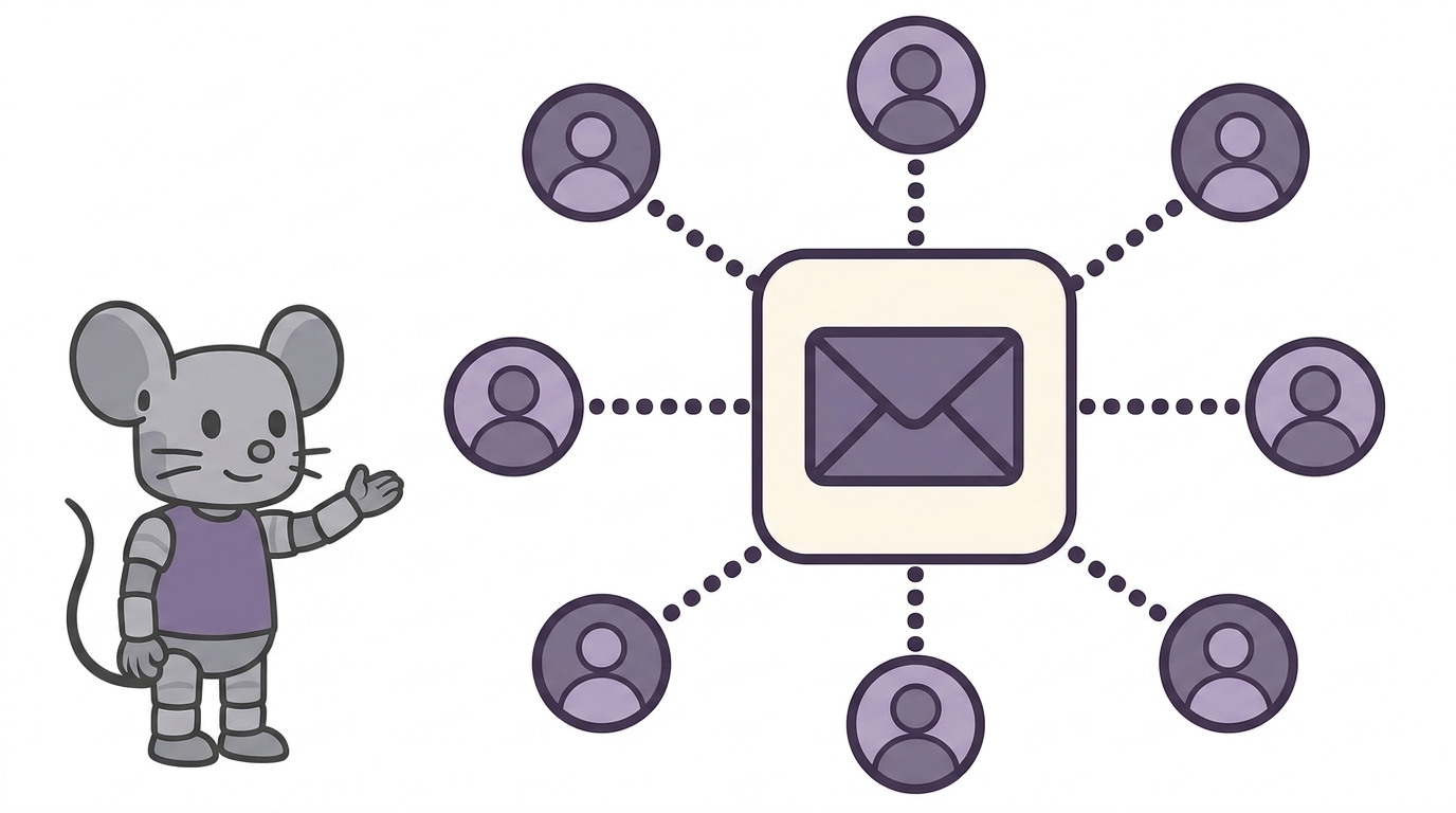 Diagram of how a listserv works: one list address distributes each message to every subscriber