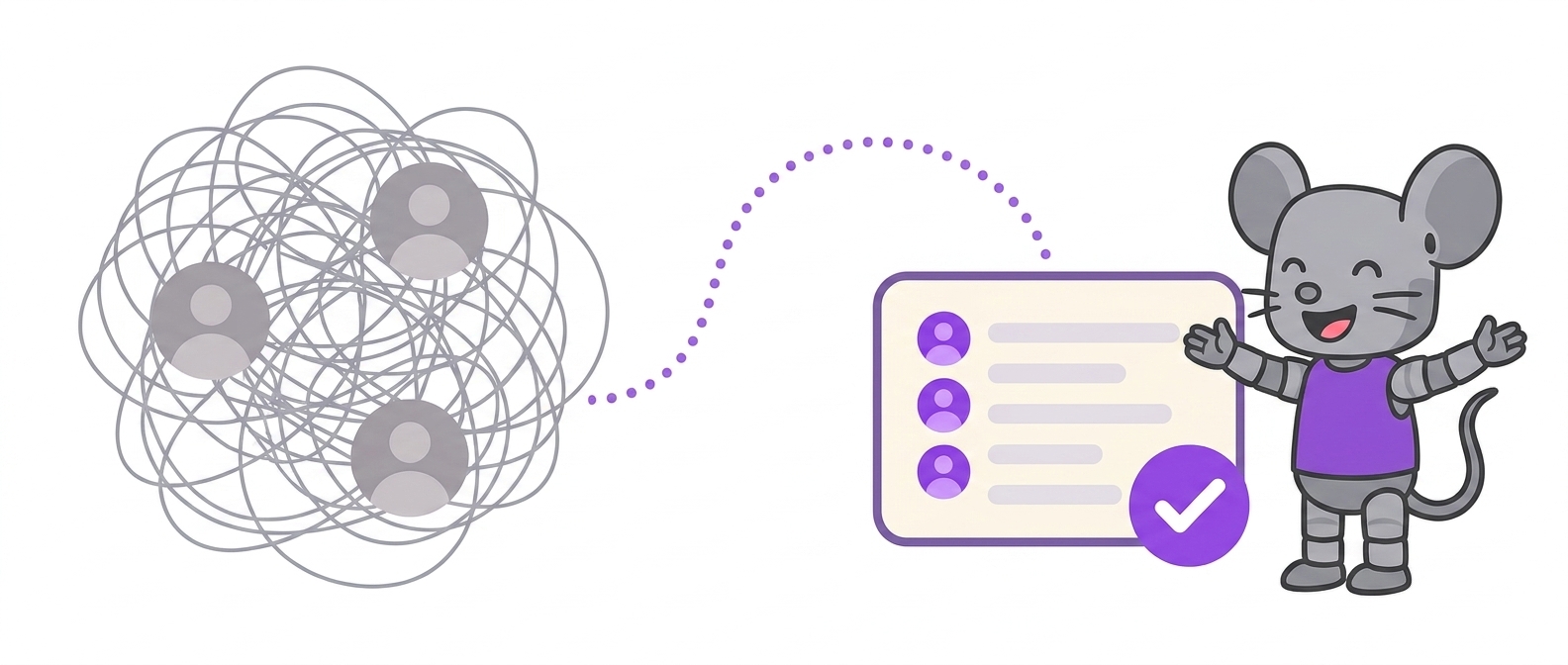 Illustration of switching from a tangled web of group email to one tidy mailing list